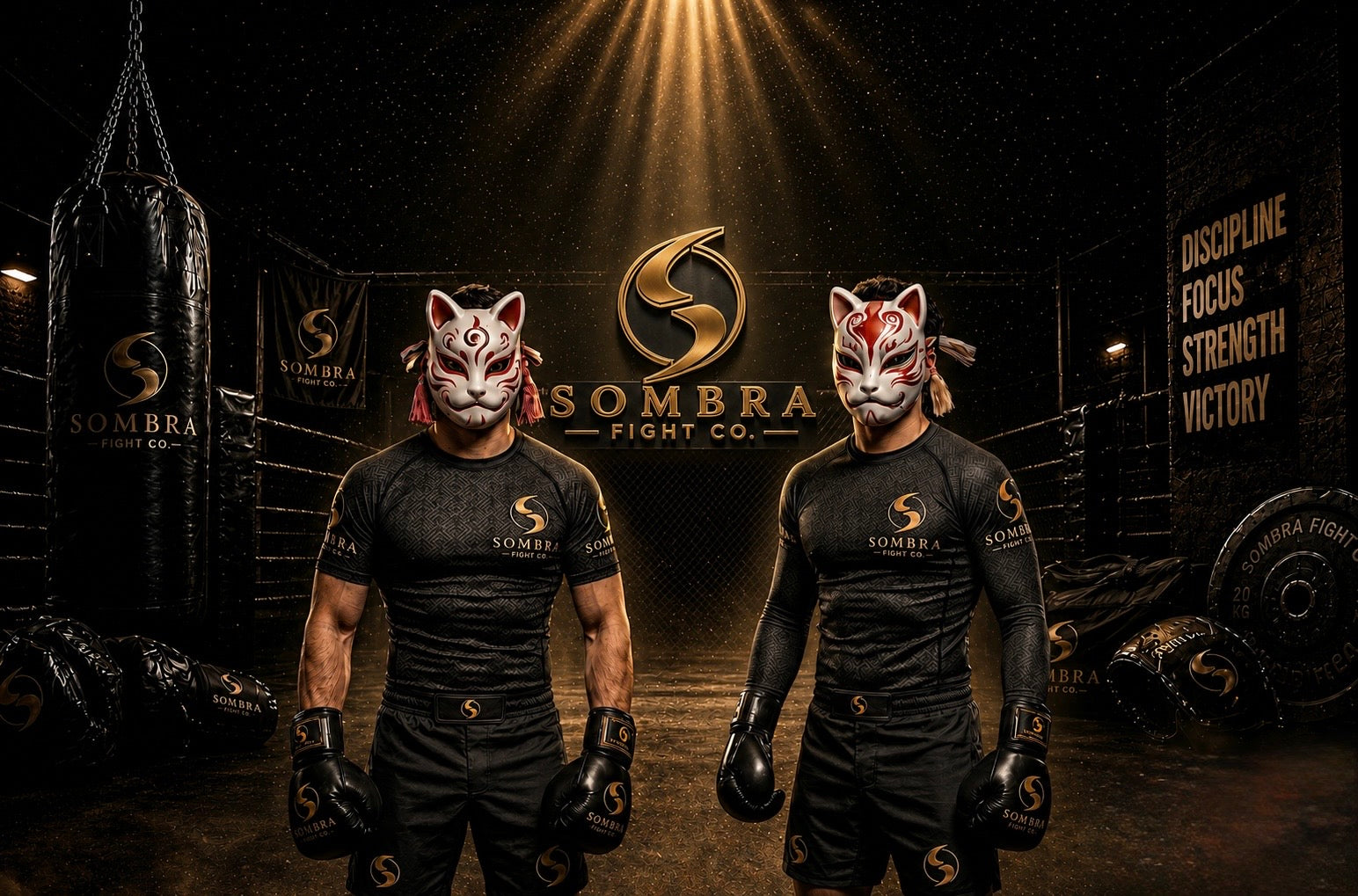 Two individuals in boxing gear with masks standing in a boxing ring, featuring 'Sombra Fight Co.' branding.